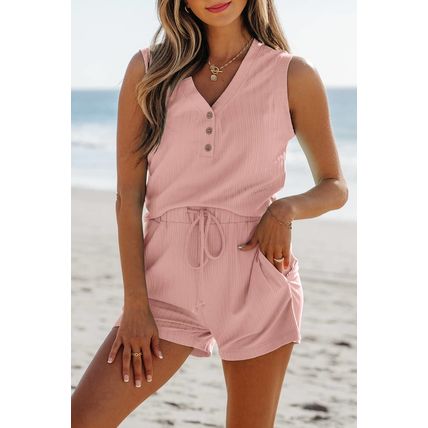 Gossamer Pink Ribbed Button V Neck Tank Top and Shorts Set