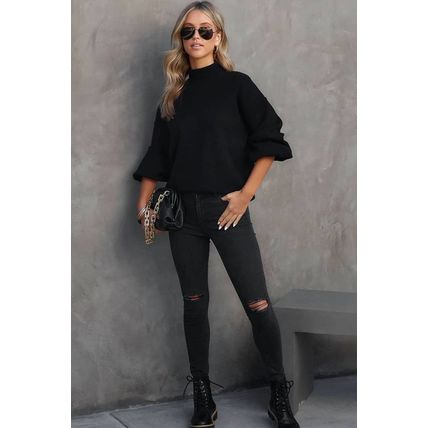Black Turtleneck Drop Shoulder Bubble Sleeve Knit Sweater