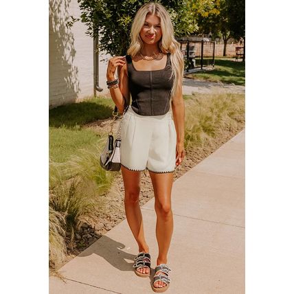 White Waffle Texture Contrast Ricrac Hemline Casual Shorts