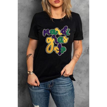 Black Chenille Mardi Gras Letter Graphic Tee