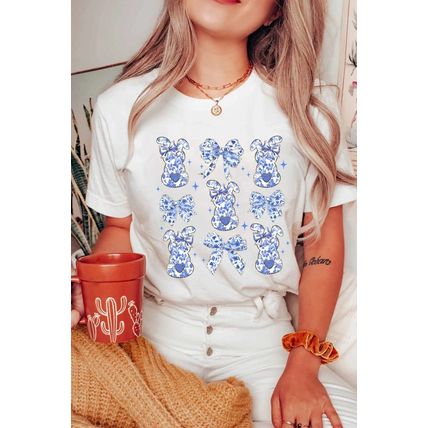 White Bowknot Bunny Graphic Easter Fashion T Shirt