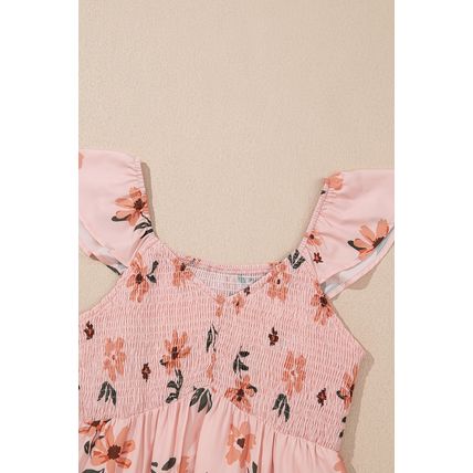 Pink Floral V Neck Smocked High Waist Ruffle Hem Long Dress