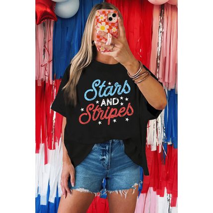 Black July 4th Stars AND Stripes Vintage Letter Graphic Tee