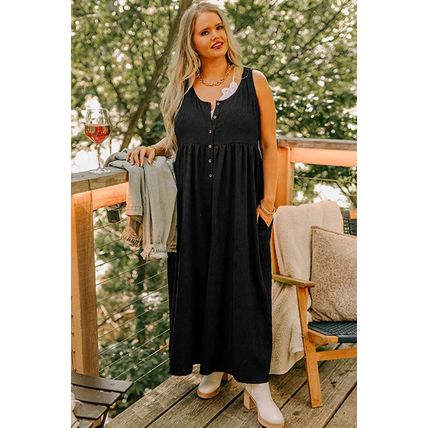 Black Plus Size Sleeveless Button Front Loose Jumpsuit