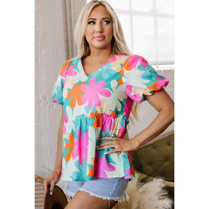 Pink Floral Print Bubble Sleeve V Neck Peplum Blouse