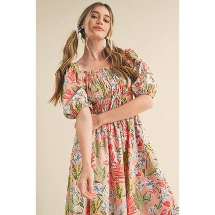 Apricot Pink Floral Smocked Bust Bubble Short Sleeve Maxi Dress