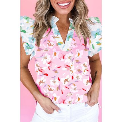 Multicolour Contrast Floral Patchwork Notched Neck Flutter Sleeve Blouse