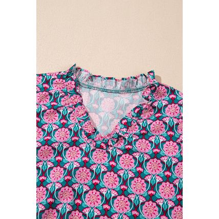 Sachet Pink V-Neck Ruffle Abstract Floral Print Puff Sleeve Top