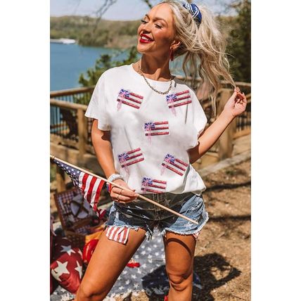 White Sequin Bow American Flag Patched T Shirt
