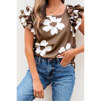 Brown Floral Textured Ruffled Short Sleeve Square Neck Blouse