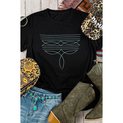 Black Western Fashion Geometric Embroidered T Shirt