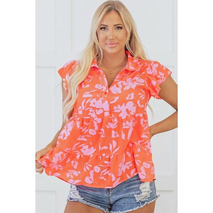 Orange Floral Print Collared Button Neckline Flutter Sleeve Blouse