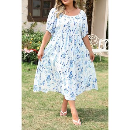 Sky Blue Floral Print Sweetheart Neck Plus Size Midi Dress