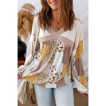 White Floral Printed Contrast Patchwork Long Sleeve Top