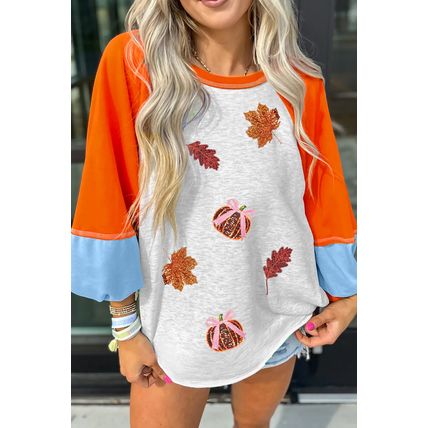 Light Grey Sequin Fall Elements Patched Color Block Patchwork Long Sleeve Loose