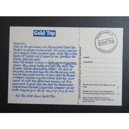 Gold Top Butter, Greetings From Cornwall, Advertising Postcard