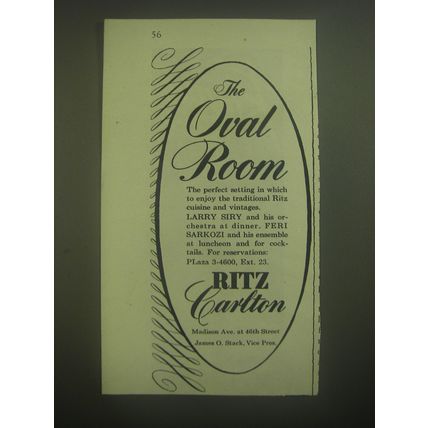 1945 Ritz Carlton Hotel Advertisement - The Oval Room