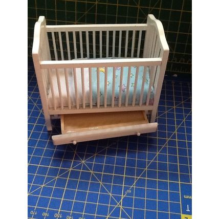 White Cot with Drawer Blue Star Bedding 1:12th Dolls House Miniature
