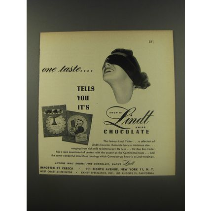 1956 Lindt Chocolate Ad - One taste tells you it's Lindt Swiss Chocolate