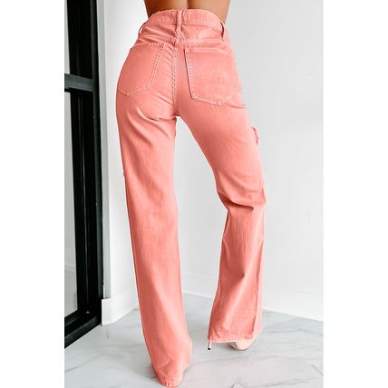 Pink High Waist Ripped Straight Leg Pocket Jeans