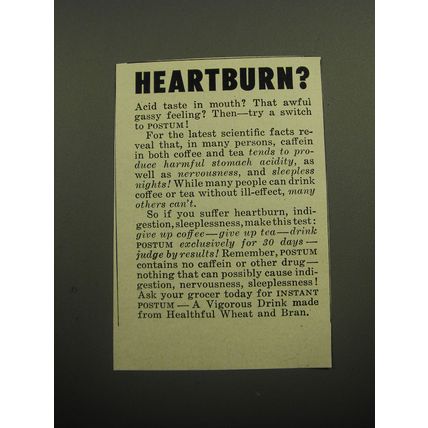 1949 General Foods Instant Postum Ad - Heartburn?