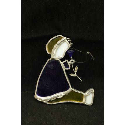 Stained Lead Glass Style Child With Flower Blue White Yellow 3.75” Suncatcher