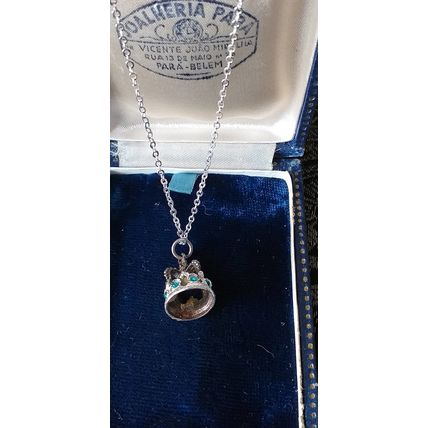 Antique Vintage 1950-s Sterling Silver Queen Crown Pendant on Chain - Hallmarks