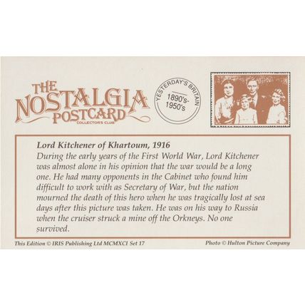 Postcard Lord Kitchener of Khartoum 1916 WW1 British Secretary of War Nostalgia