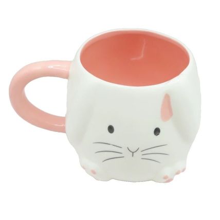 White Rabbit Mug with Pink Handle Ceramic 9.5 CM Not Microwave/Dishwasher Safe