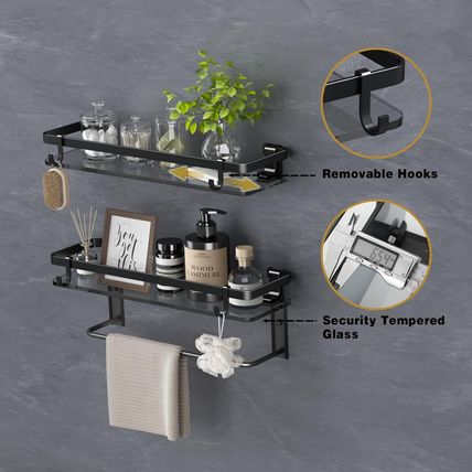 VOLPONE Glass Shelf for Bathroom 15.7 in Black Bathroom Shelves Wall Mounted Tem