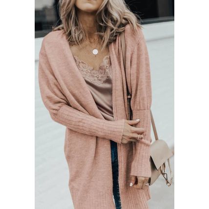Smoke Gray Ribbed Trim Puff Sleeve Open Cardigan
