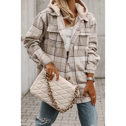 Khaki Plaid Removable Hood Buttoned Shacket
