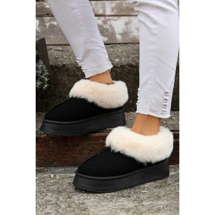 Black Plush Suede Trim Thick Sole Flat Snow Boots