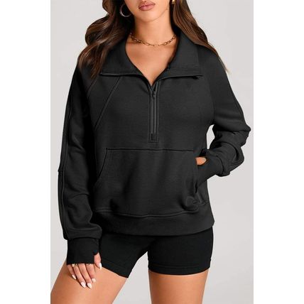 Black Quarter Zip Stand Neck Kangaroo Pocket Sweatshirt