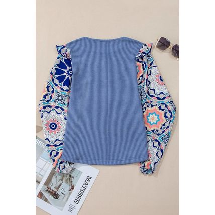 Ashleigh Blue Ruffled Floral Sleeve Patchwork Waffle Knit O Neck Blouse