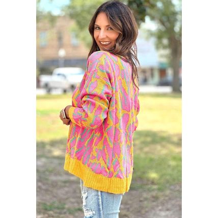 Vitality Orange Abstract Print Ribbed Trim Baggy Sweater
