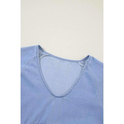 Beau Blue Puff Sleeve V Neck Tiered Ruffled Chambray Mini Dress