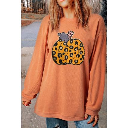Orange Halloween Leopard Pumpkin Patchwork Ribbed Sweatshirt