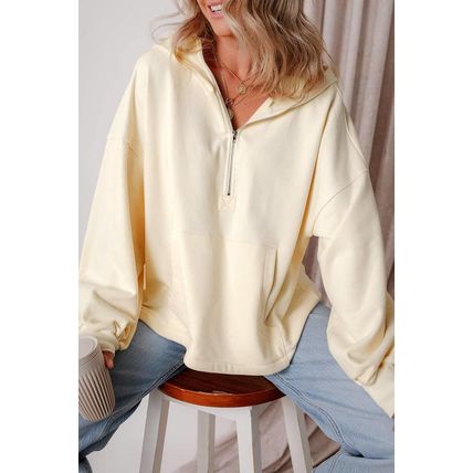Beige Fleece Lined Half Zipper Kangaroo Pockets Loose Hoodie
