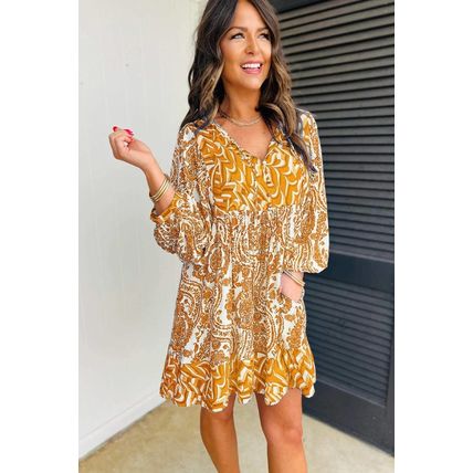 Orange Bohemian Print Puff Sleeve Tied V Neck Flared Mini Dress
