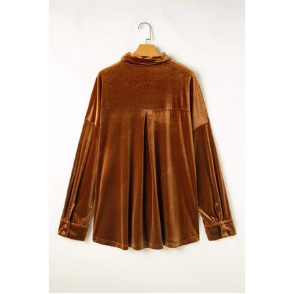 Chestnut Plus Size Velvet Chest Pocket Drop Shoulder Shirt
