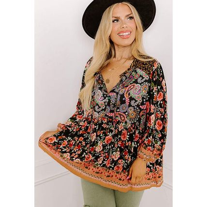 Black Plus Size Paisley Floral Print V Neck Bubble Sleeve Blouse