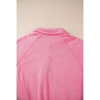 Pink Solid Snap Buttons Collared Balloon Sleeve Oversized Sweatshirt