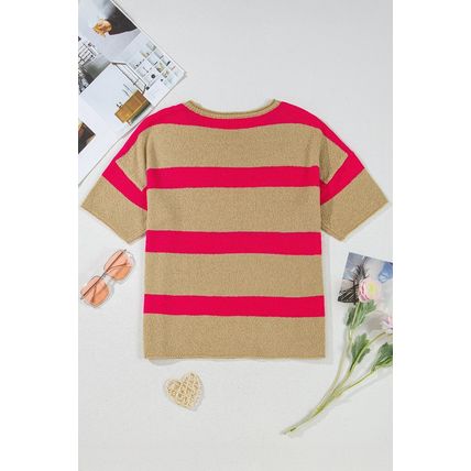 Pink Stripe Colorblock Short Sleeve Crew Neck Lightweight Sweater
