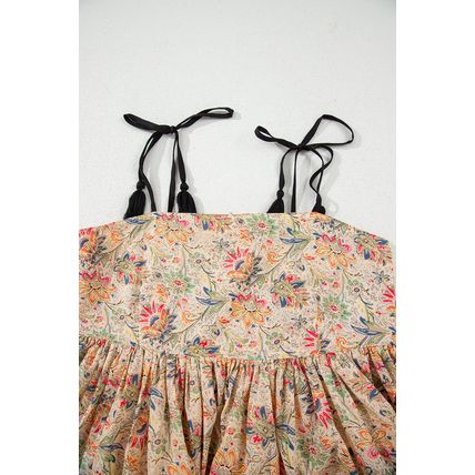 Apricot Floral Print Spaghetti Straps Ruffled Peplum Tank Top