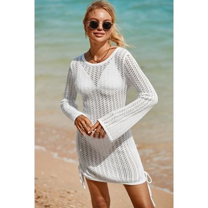 White Hollowout Knit Bell Sleeve Drawstring Short Beach dress