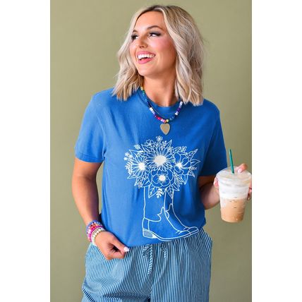 Blue Sunflower Boots Graphic Western Fashion T Shirt