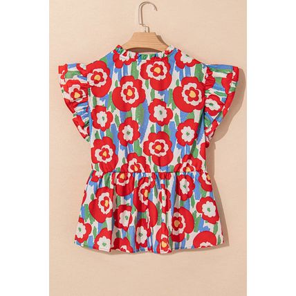 Red Plus Size Floral Print Ruffle Trim Split Neck Peplum Top