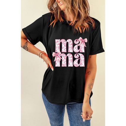 Black Floral Bow Mama Graphic Crewneck Tee