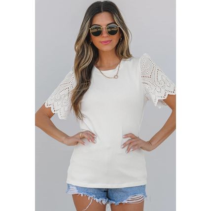 White Eyelet Pattern Short Sleeve Patchwork Ribbed Top